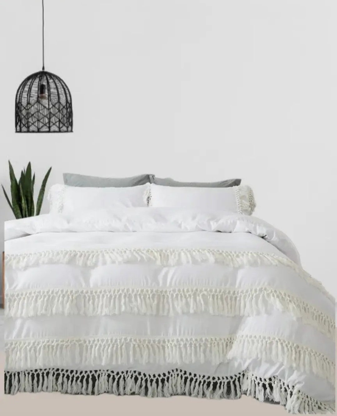 100 Washed Cotton White Fringes Tassels Boho Duvet Cover Set Queen