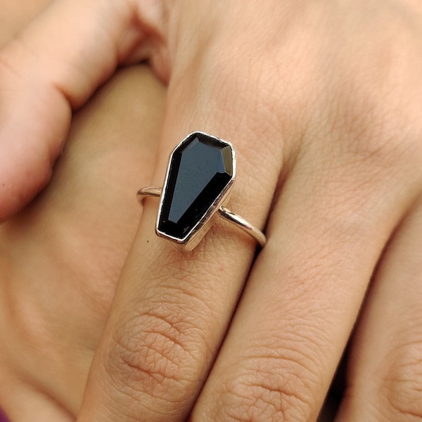 Gothic Coffin Ring, Black Onyx Unisex Ring , 925 Sterling Silver Mens Ring, Gemstone Ring, Vampire Ring, Biker Ring , Handmade Gifts Ring