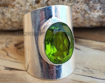 Peridot Long Statement Boho Ring! August Birthstone Ring! Peridot ring! Oval Peridot Ring! 925 Sterling Silver Ring! Solid silver band