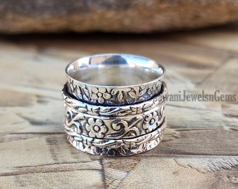 Floral Desginer Spinner Ring! 925 Silver Ring, Handmade Ring, Flower Ring, Meditation Ring, Anxiety Ring, Fidget Silver Ring, Womens Ring