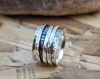 Sterling Silver Hammered Spinner Ring, Floral Spinner Ring, 925 Silver Ring, Womens Ring, Gift For Her, Meditation Ring For Gift