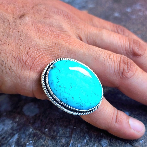 Vintage Navajo Sterling Silver Oval Teal Turquoise Ring 6.5 - Yourgreatfinds