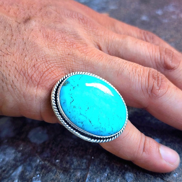 Bague ovale en argent Sterling 925, grande bague Turquoise, bagues Turquoise pour femmes, bague de Cocktail en pierre ovale surdimensionnée et épaisse