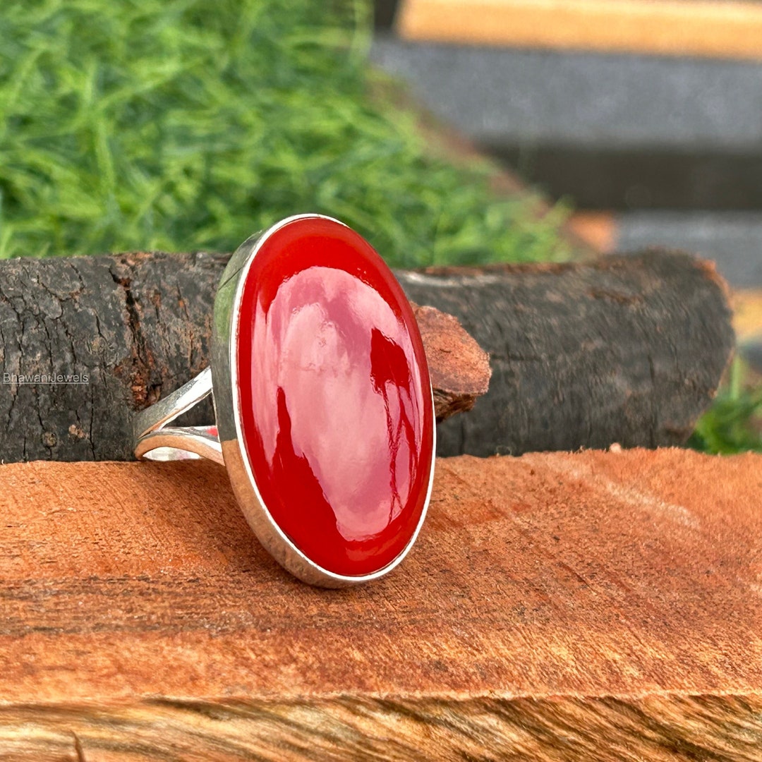 Large Coral Ring Oval Bridal Ring Ethnic Ring 925 Sterling Etsy