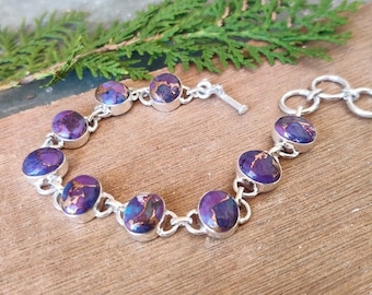 Purple Copper Turquoise Bracelet! Solid 925 Sterling Silver Bracelet! Handmade Bracelet for Women! Oval Turquoise Bracelet! Wedding Gift