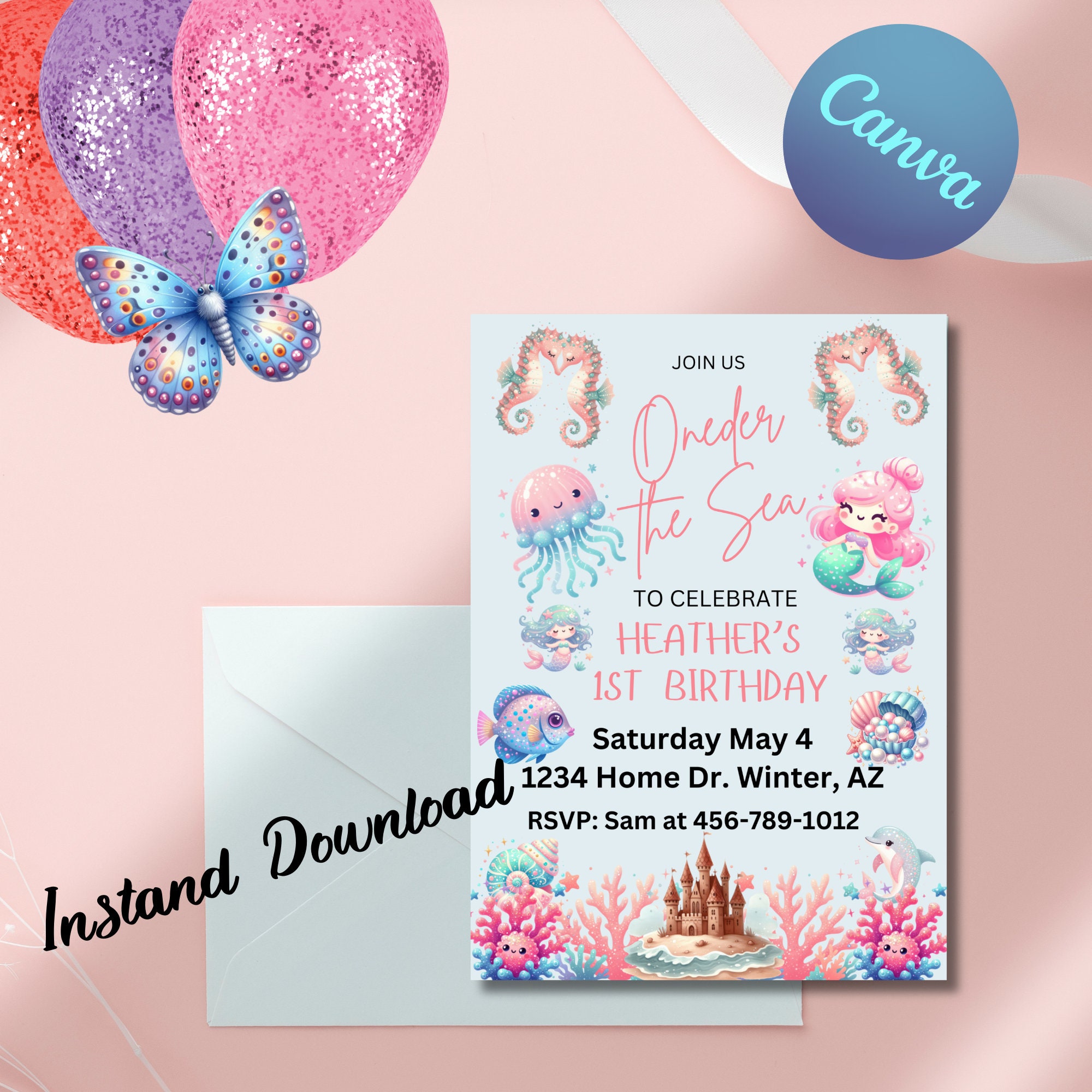 Oneder the Sea Birthday Invitation Printable, Under the Sea Editable Template, 1st Birthday ...