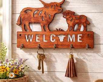 Wieszak na klucze Highland Krowa Organizer ścienny do przedpokoju Drewniany, ręcznie robiony, rustykalny, wiejski, domowy, dziecięcy, prezent dla mamy i rodzica