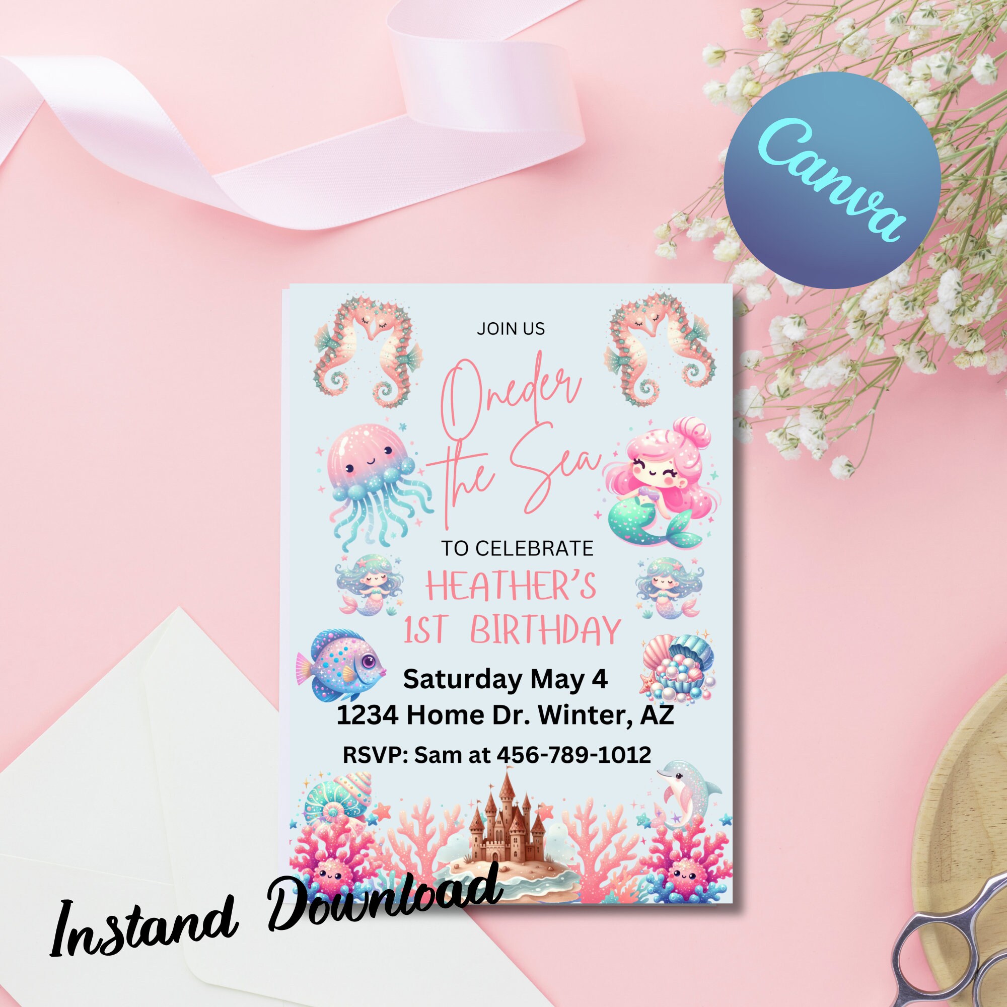 Oneder the Sea Birthday Invitation Printable, Under the Sea Editable Template, 1st Birthday ...