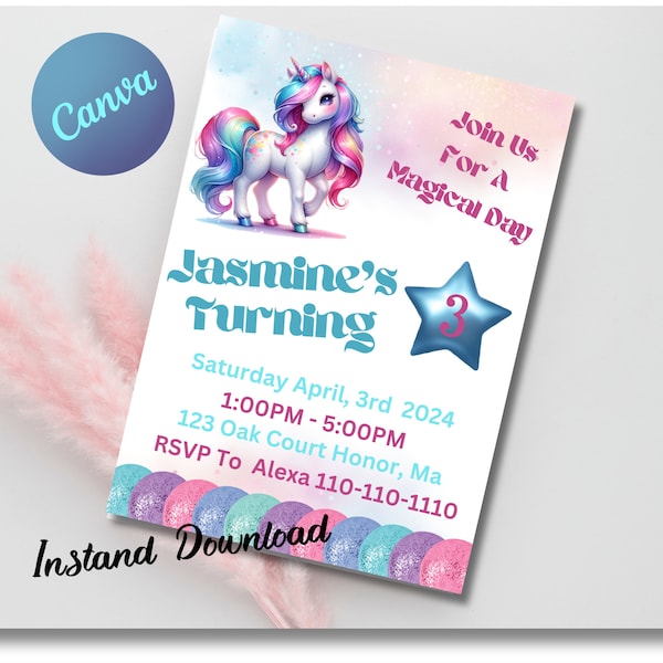 Editable Unicorn Birthday Invitation Magical Bright Rainbow Unicorn Birthday Party Whimsical Fairytale Unicorn Party Instant Download