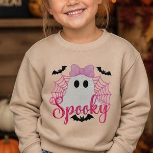 Youth Spooky Ghost Crewneck Sweatshirt Youth Halloween T Shirt Cute Pink Bow Ghost Bat Spider Web Fall Gift for Girls