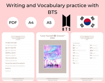 Writing and Vocabulary practice with BTS |Korean Language Study |Printable Ebook |Korean For Beginners |Learn Korean |Study Korean