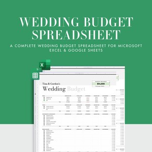 May include: A wedding budget spreadsheet template for Microsoft Excel and Google Sheets. The spreadsheet is titled "Tina & Gordon's Wedding Budget" and includes a budget balance of $14,000.