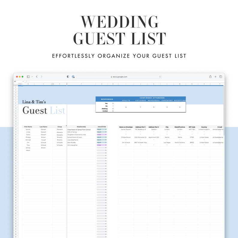 Wedding Planning Guest List Spreadsheet, part of the All-in-One Wedding planner