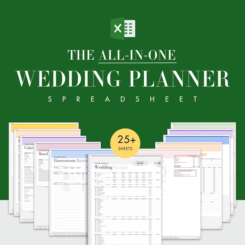 Pode incluir: Uma planilha colorida com o texto "THE ALL-IN-ONE WEDDING PLANNER SPREADSHEET" e "25+ SHEETS". A planilha &eacute; dividida em v&aacute;rias se&ccedil;&otilde;es, cada uma com uma cor e um t&iacute;tulo diferentes, como "Cake", "Band", "Honeymoon Research" e "Wedding Budget".