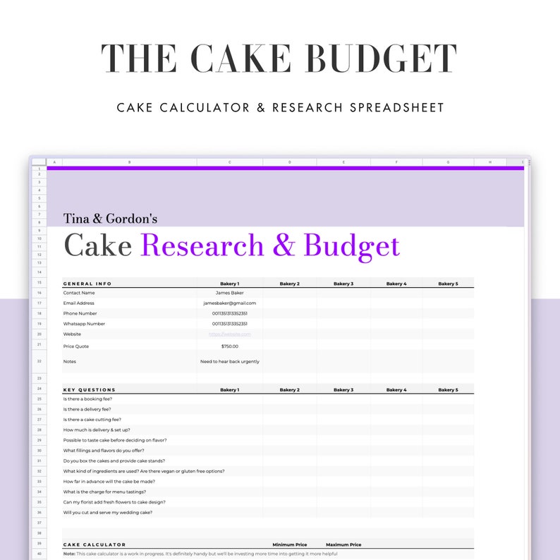 Wedding Planning Cake Research and Budget Spreadsheet, part of the All-in-One Wedding planner