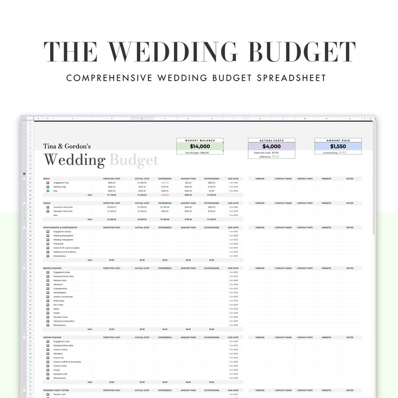 Wedding Budget Spreadsheet part of the All-in-One Wedding planner