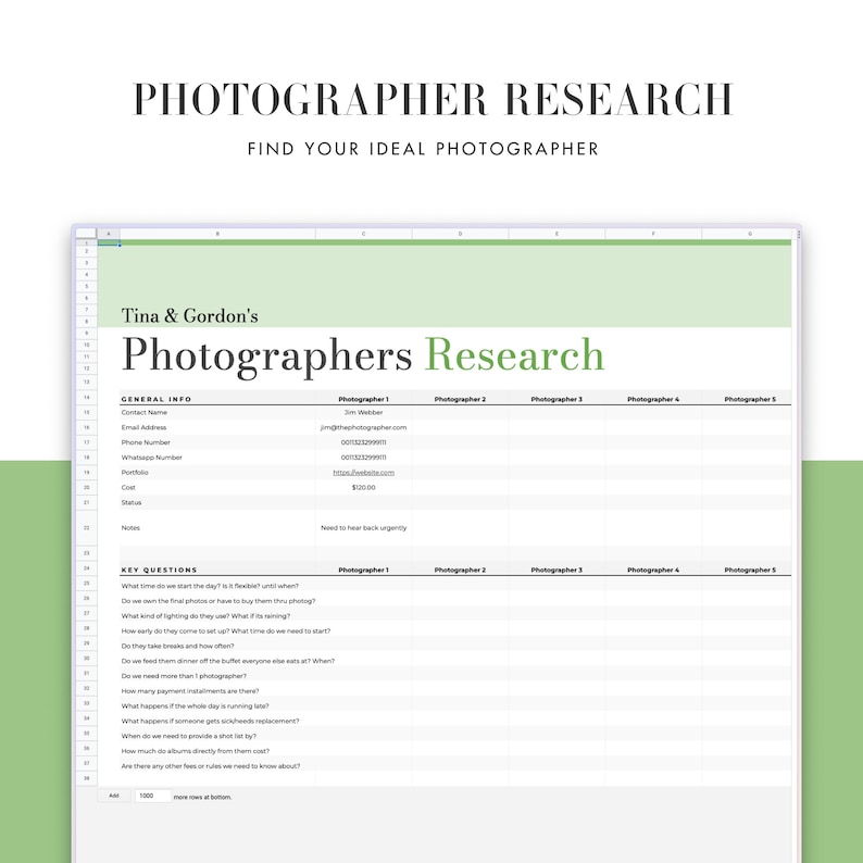 Wedding Photographer Research Spreadsheet, part of the All-in-One Wedding planner