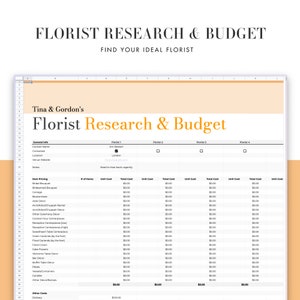 Wedding Planning Florist Research & Budget Spreadsheet, part of the All-in-One Wedding planner