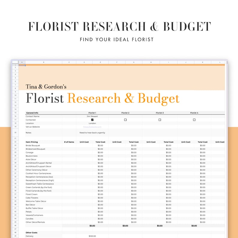 Wedding Planning Florist Research & Budget Spreadsheet, part of the All-in-One Wedding planner