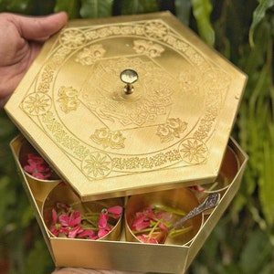 Brass Handmade Spice Box With 7 Containers and Spoon, Laser Engraved Floral Design Large 8&quot; Masala box, Spices Organiser, Hexagonal Design