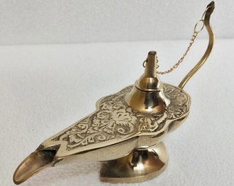Brass Aladdin Genie Lamp | Vintage Indian Oil Burner, Boho Shelf Decor