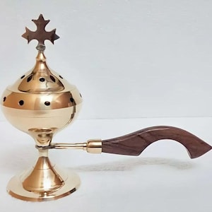 Tears Crafts Brass Incense Burner With Wooden Handle Charcoal Burner With Lid Dhup Burner Table Top Incense Holder Brass Sambrani Stand