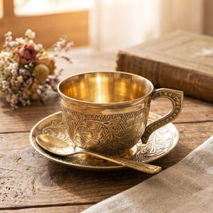 Messing theekop en schotelset met reliëf | Vintage Indiaas ambachtelijk servies