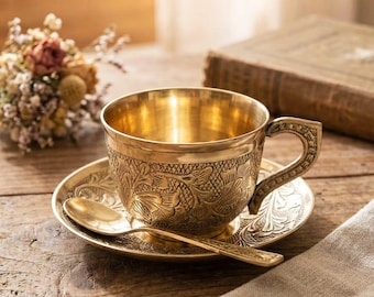 Embossed Brass Tea Cup Saucer Set | Vintage Indian Artisan Tableware
