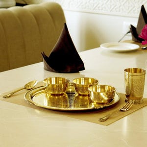 Handcrafted Brass Dinner Set, 51-Piece Traditional Indian Bhojan Thali Set for 6