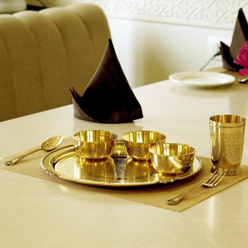Handcrafted Brass Dinner Set, 51-Piece Traditional Indian Bhojan Thali Set for 6