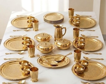 Conjunto de jantar Thali artesanal de 51 peças em latão maciço para 6 pessoas | Utensílios de jantar reais indianos para Bhojan