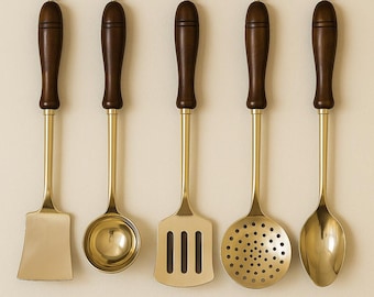 Handmade Brass Kitchen Utensil Set | Wooden Handle Serving Spoons, Ladles