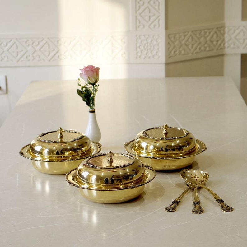 Handcrafted Brass Dinner Set, 51-Piece Traditional Indian Bhojan Thali Set for 6