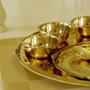 Handcrafted Brass Dinner Set, 51-Piece Traditional Indian Bhojan Thali Set for 6