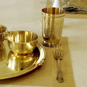 Handcrafted Brass Dinner Set, 51-Piece Traditional Indian Bhojan Thali Set for 6