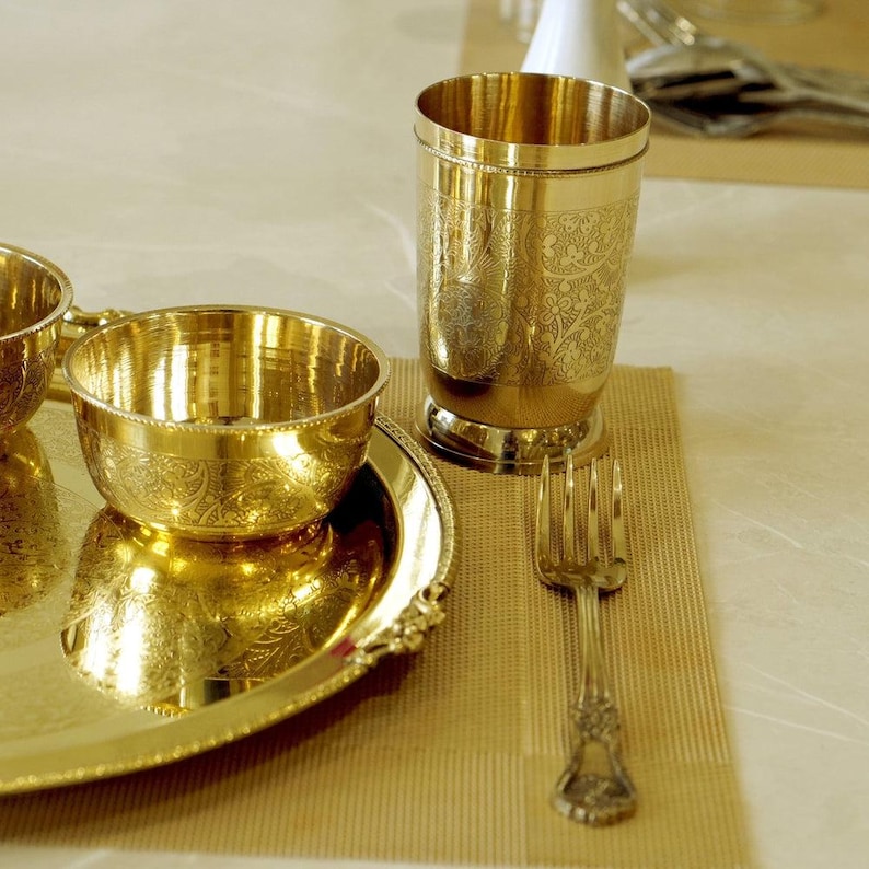 Handcrafted Brass Dinner Set, 51-Piece Traditional Indian Bhojan Thali Set for 6
