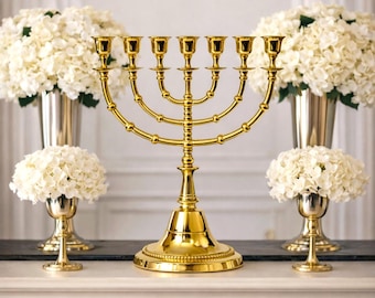 真鍮製の燭台、ユダヤ教の燭台、7 本の燭台、7 本のろうそくを立てる