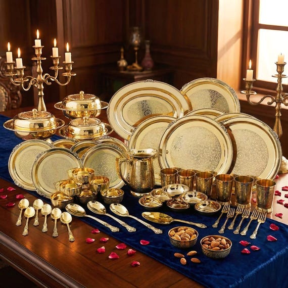 Handcrafted 51 Piece Solid Brass Thali Dinner Set for 6 | Royal Indian Bhojan Dinnerware