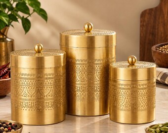 Conjunto de 3 Potes de Latão com Tampas Herméticas para Armazenamento de Utensílios de Cozinha, Ideal para Presente de Boas-Vindas, Ideal para Especiarias, Chá, Café e Açúcar.