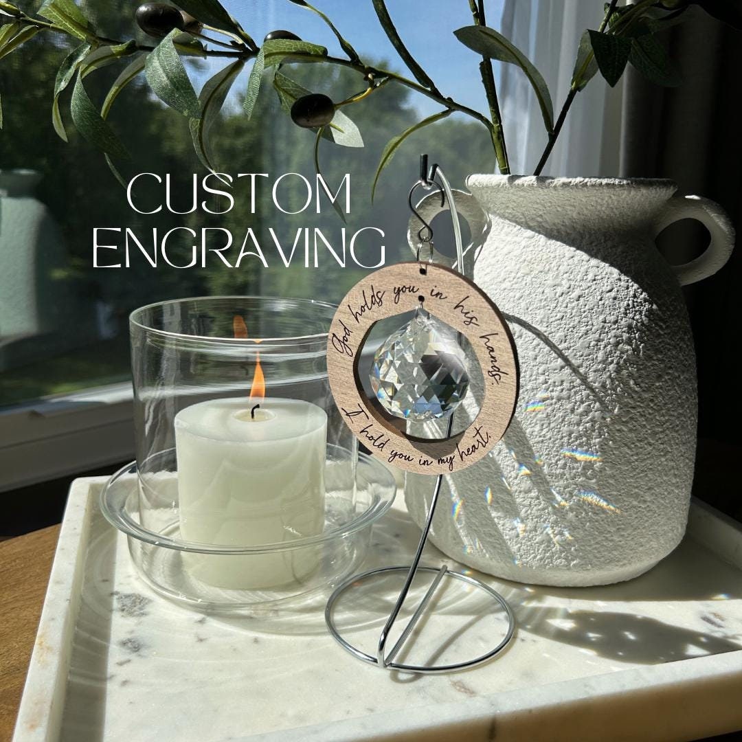 Personalized Memorial Gift Suncatcher with Stand, Loss of Loved One, Custom Engraved Sympathy, In God's Hands, Funeral Bereavement for Loss