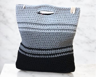 Handmade Crochet Tote Bag – Black & Grey Gradient, Eco-Friendly Yarn, Minimalist Shoulder Bag
