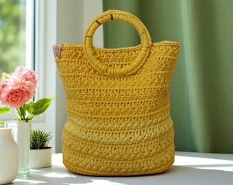 Handmade Yellow Crochet Tote with Round Handles