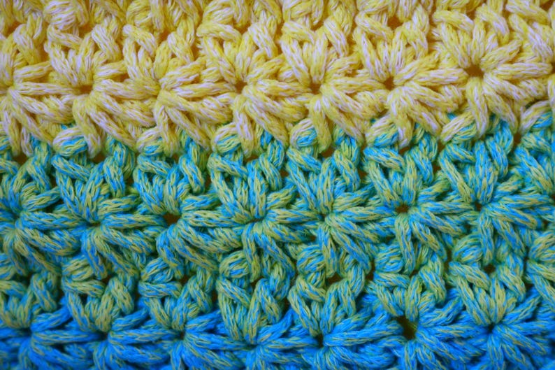 May include: Close-up of a crocheted fabric with a floral pattern. The color scheme transitions from yellow to turquoise, creating a gradient effect. The texture is dense and detailed, showcasing the intricate stitch work.