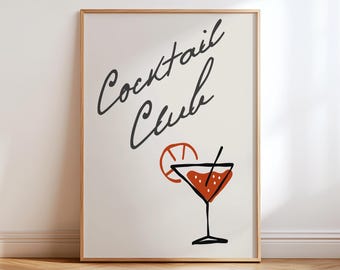 Cocktail Club Retro Print, Red Martini Wall Art, Vintage Bar Poster, Bar Cart Decor, Modern Apartment Art, Housewarming Gift