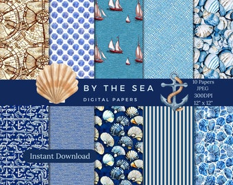 Seamless sea digital paper, Sea patterns, Sea backgrounds, Scrapbook paper, Beach patterns, Seashells, Lighthouse, Boats, Commercial Use