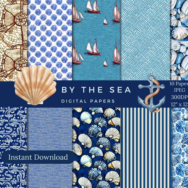 Seamless sea digital paper, Sea patterns, Sea backgrounds, Scrapbook paper, Beach patterns, Seashells, Lighthouse, Boats, Commercial Use