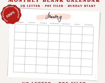 Blank Monthly Calendar: Simple Printable Planner (Sunday Start) (Digital Download)