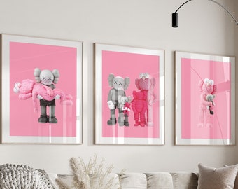 Roze Hypebeast speelgoed figuur kunst aan de muur, Hypebeast speelgoed poster set van 3, Hypebeast figuur afdrukbare muur kunst, minimalistische Hypebeast decor