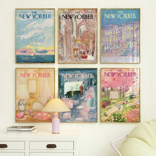 The New Yorker Magazine Cover Poster Set of 6, The New Yorker Print Set,Vintage Magazine Print,Retro Magazine Posters, Gallery Wall