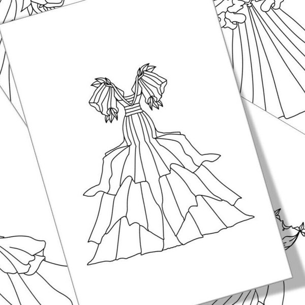 5 Fantasy Dresses Coloring Pages | Set 7 | PDF | Digital Book Print & Color | Fashion Illustration | Coloring for Adults